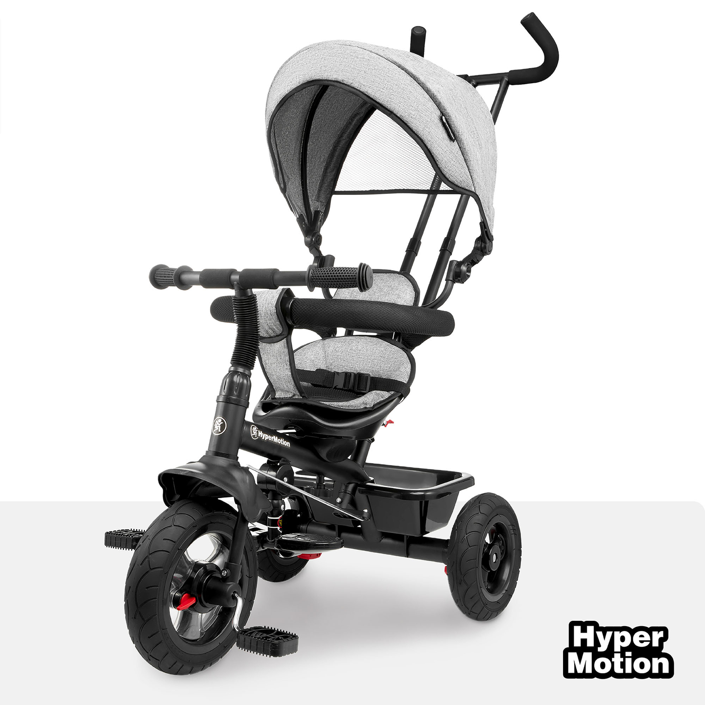 Tricikls bērniem no 1 līdz 4 gadiem - TOBI FREY - pelēka krāsa - grozāms - sūkņa riteņi + stūmējs