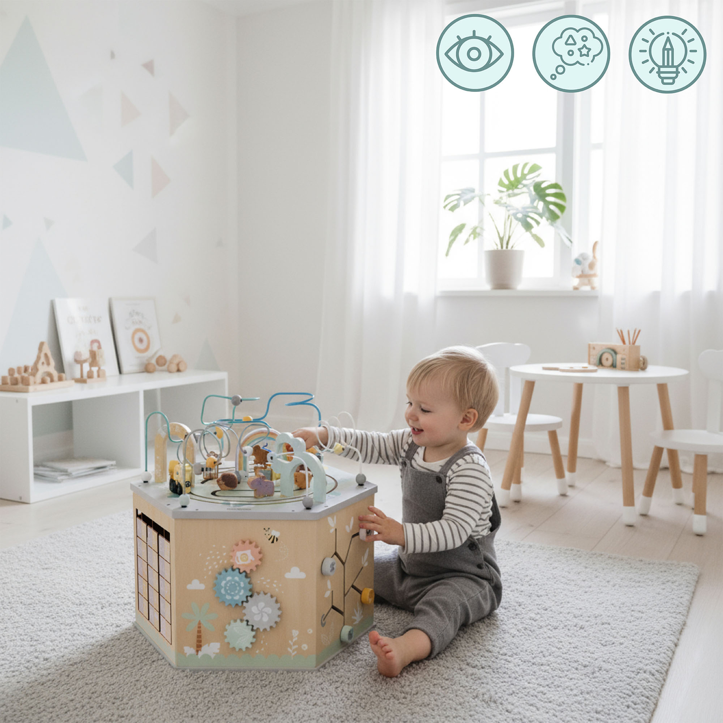 Liels koka izglītojošs kubs - Montessori rotaļlieta ar magnētisku vilcieniņu un motora cilpām