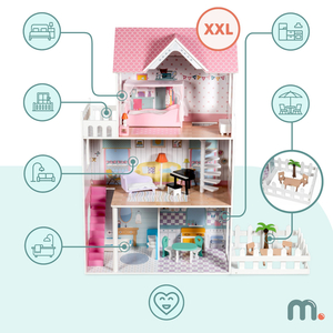 XXL Lielākā koka leļļu māja - 123 cm - LED apgaismojums - terase, aksesuāri, dārzs
