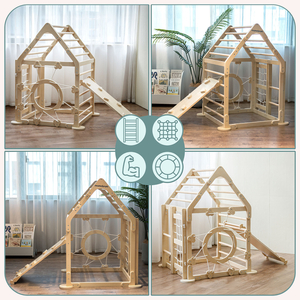 Koka iekštelpu rotaļu laukums bērniem - mājiņa ar kāpnēm un slidkalniņu