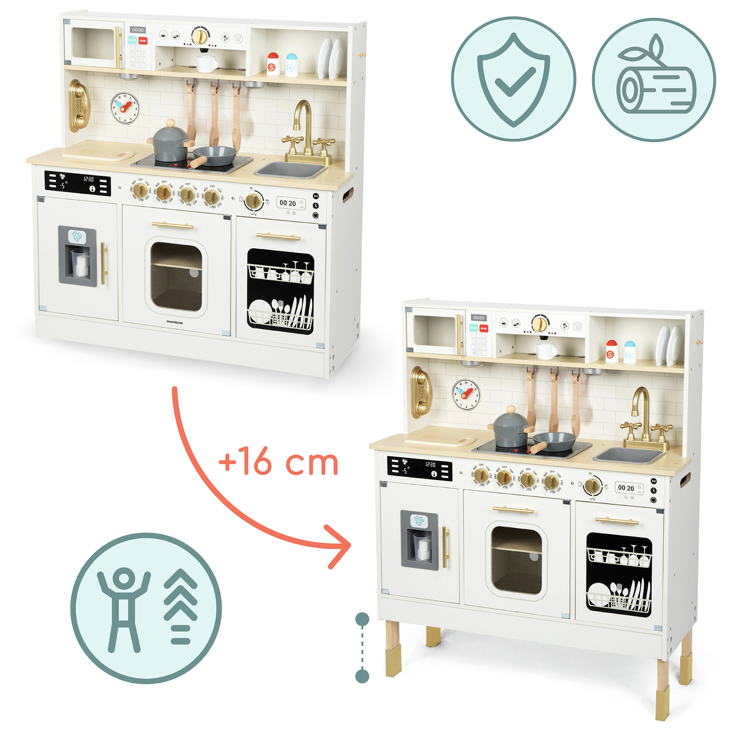 Interaktīvā XXL koka virtuve ar piederumiem un LED apgaismojumu - divlīmeņu