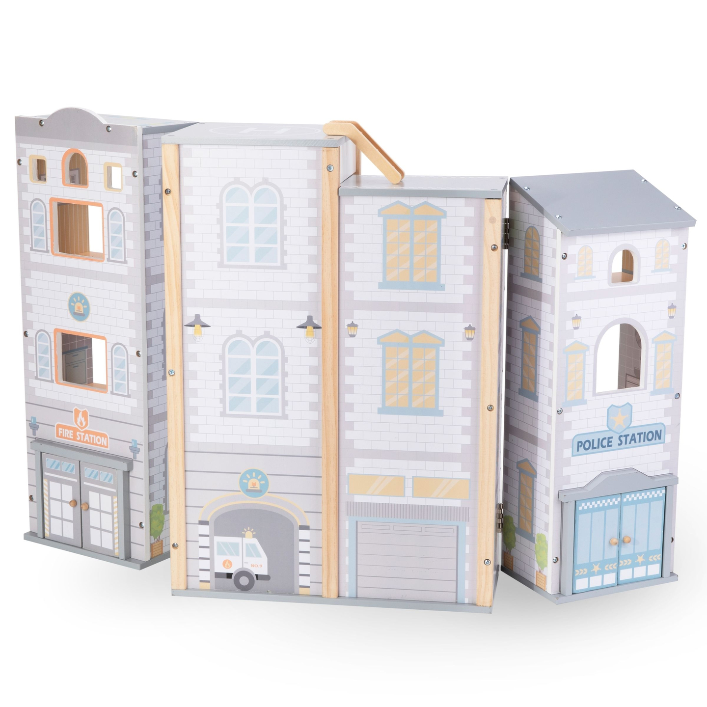 Liels saliekams ugunsdzēsēju depo ar policijas iecirkni - koka komplekts. Ugunsdzēsēju un policijas iecirknis ar piederumiem.