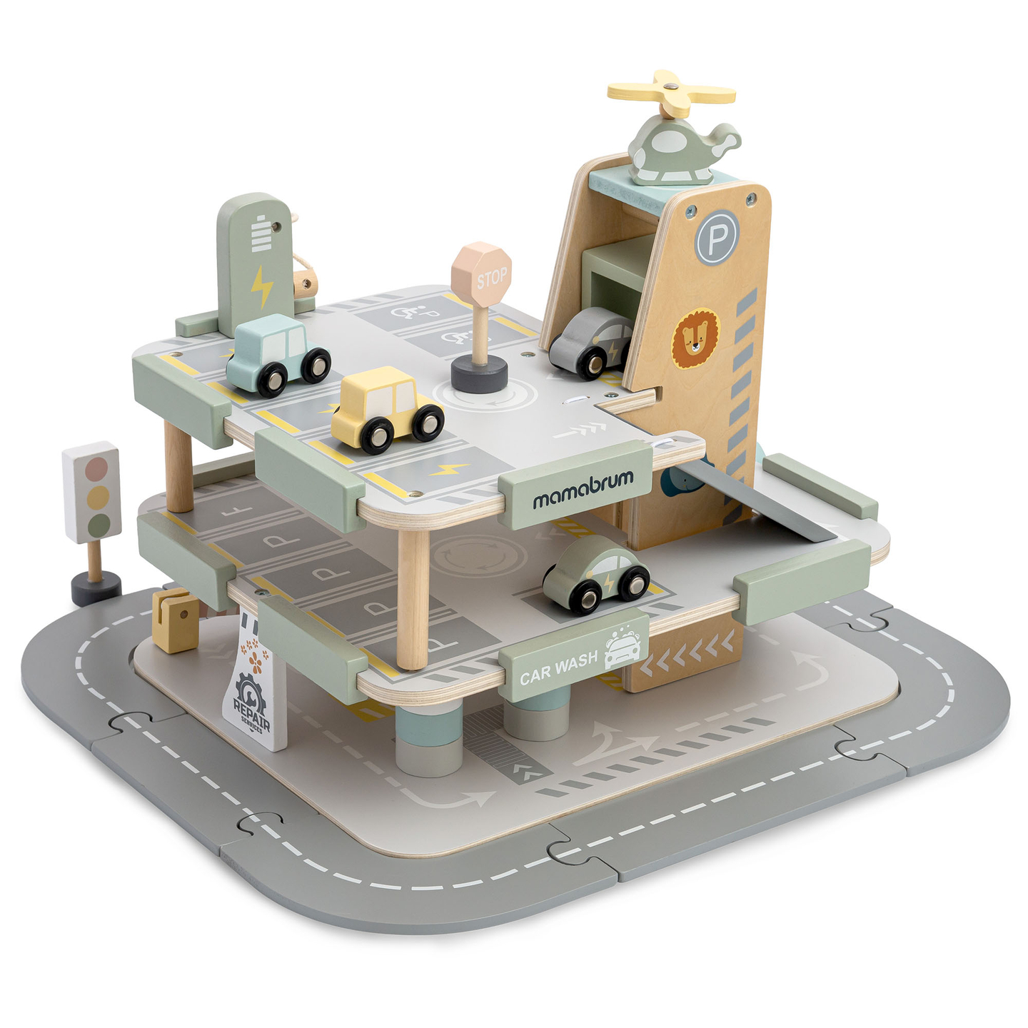 Koka trīsstāvu garāža bērniem ar aksesuāriem – autostāvvieta, degvielas uzpildes stacija, automazgātava, helikopters