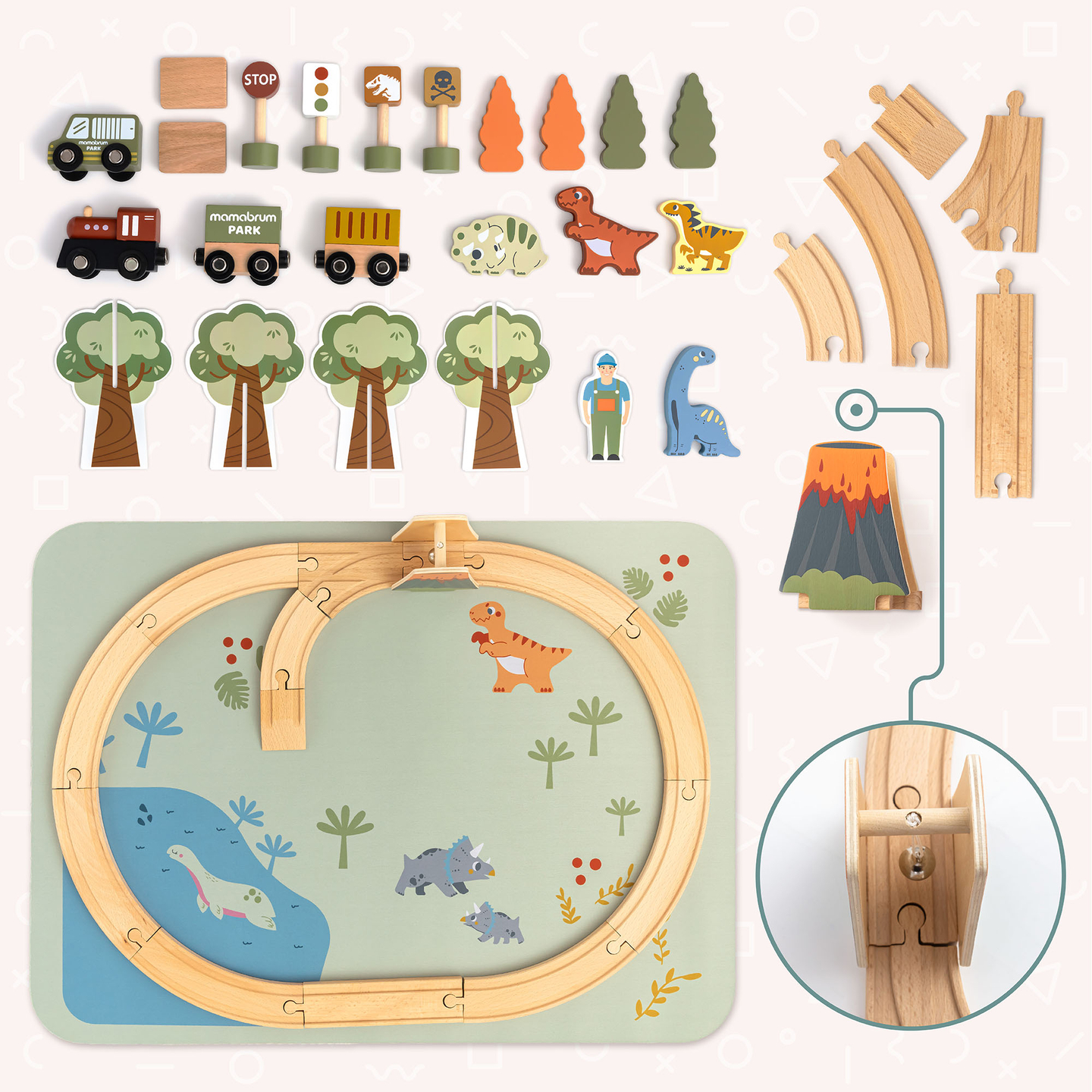 Dino Park koka vilcieniņš ar neslīdošu paklāju - dinozauri, vilcieniņš, sliedes, vulkāns, zvaniņš