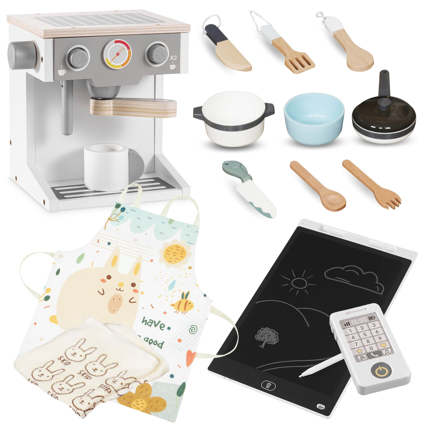 XXXXL liela koka interaktīvā virtuve ar LED apgaismojumu, veļas mašīnu, mikroviļņu krāsns kafijas automātu un augļu un dārzeņu komplektu - 50 elementi