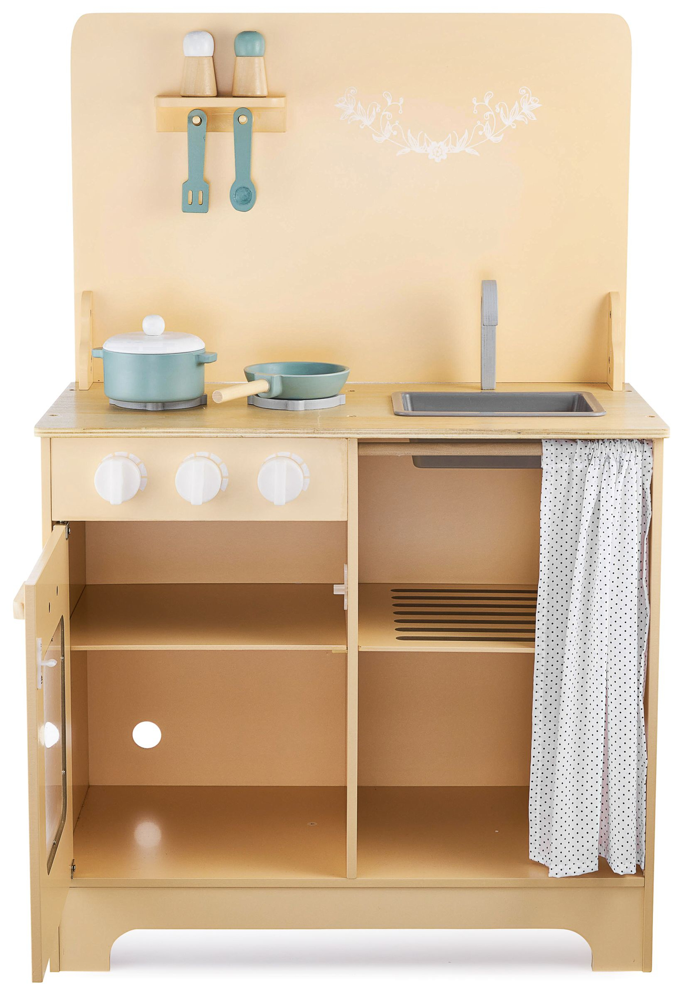 Koka virtuve ar priekšautu, aksesuāriem un LED apgaismojumu