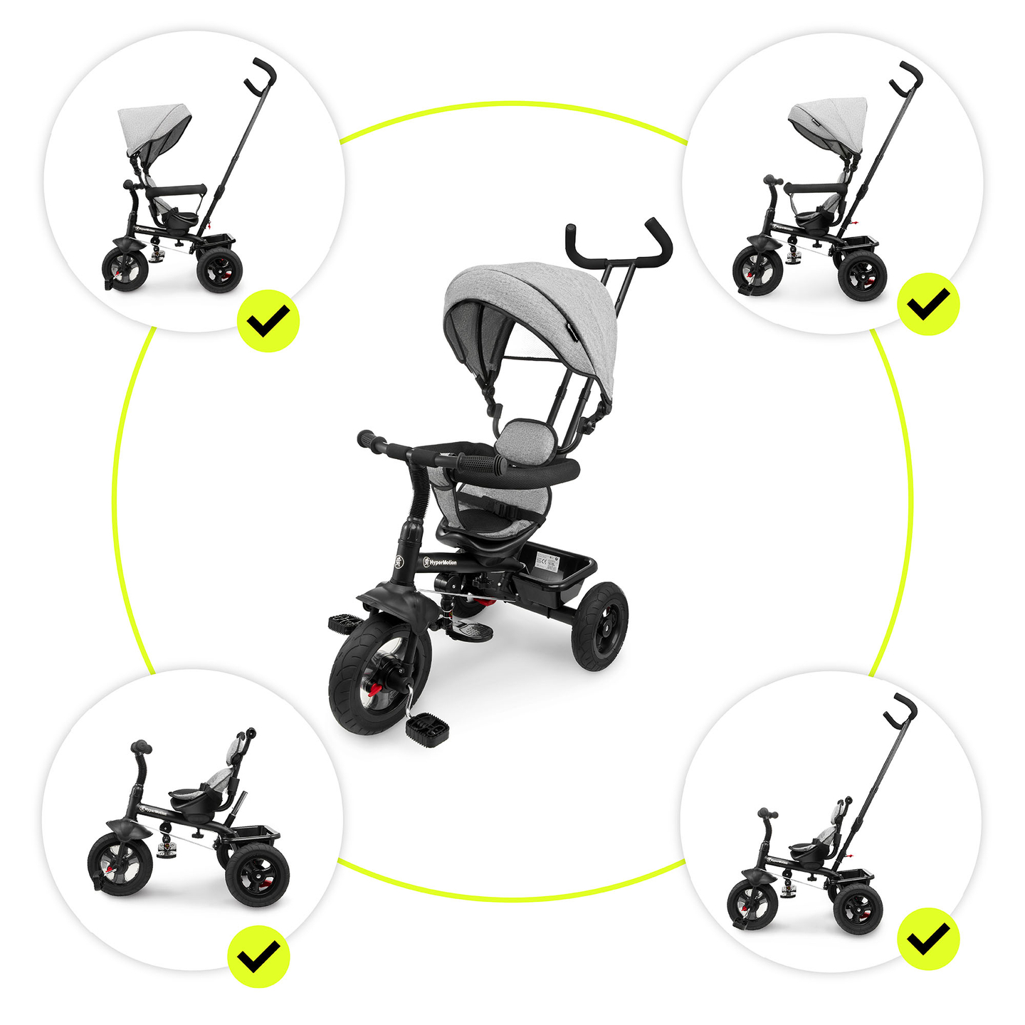 Tricikls bērniem no 1 līdz 4 gadiem - TOBI FREY - pelēka krāsa - grozāms - sūkņa riteņi + stūmējs