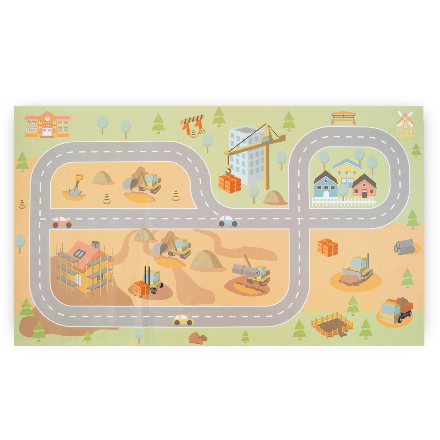 Koka būvlaukums ar lielu mobilo celtni un transportlīdzekļiem, torņa celtnis