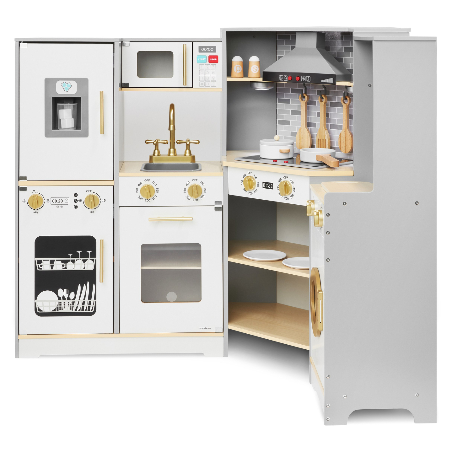 XXXL koka interaktīvā virtuve ar LED apgaismojumu, tvaika nosūcēju un piederumiem