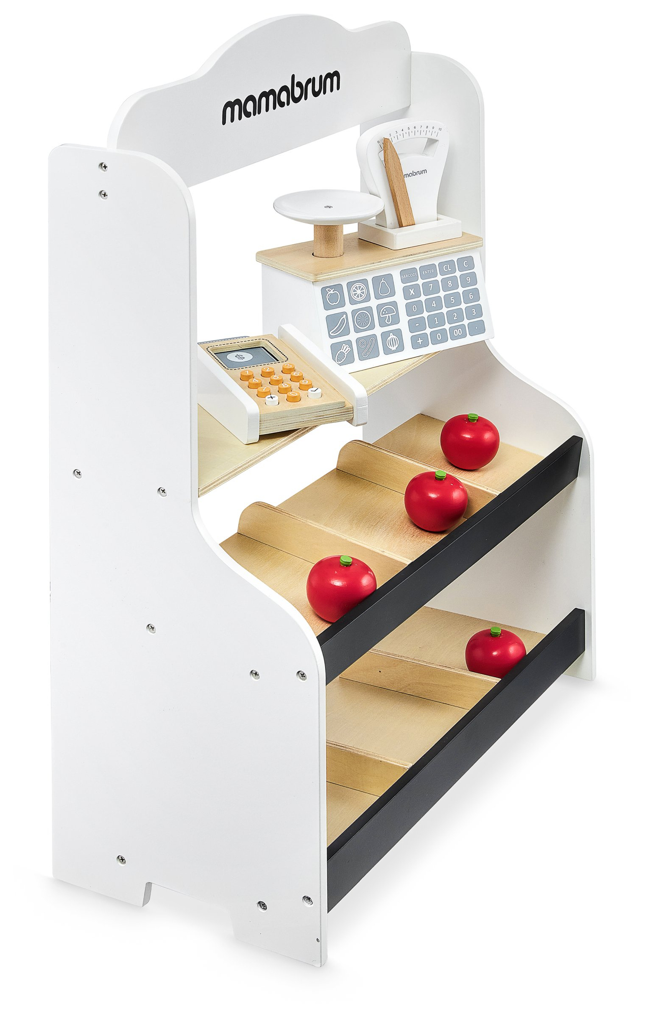 Mini tirdziņš - veikals ar svariem, terminālu, maksājumu karti un augļiem