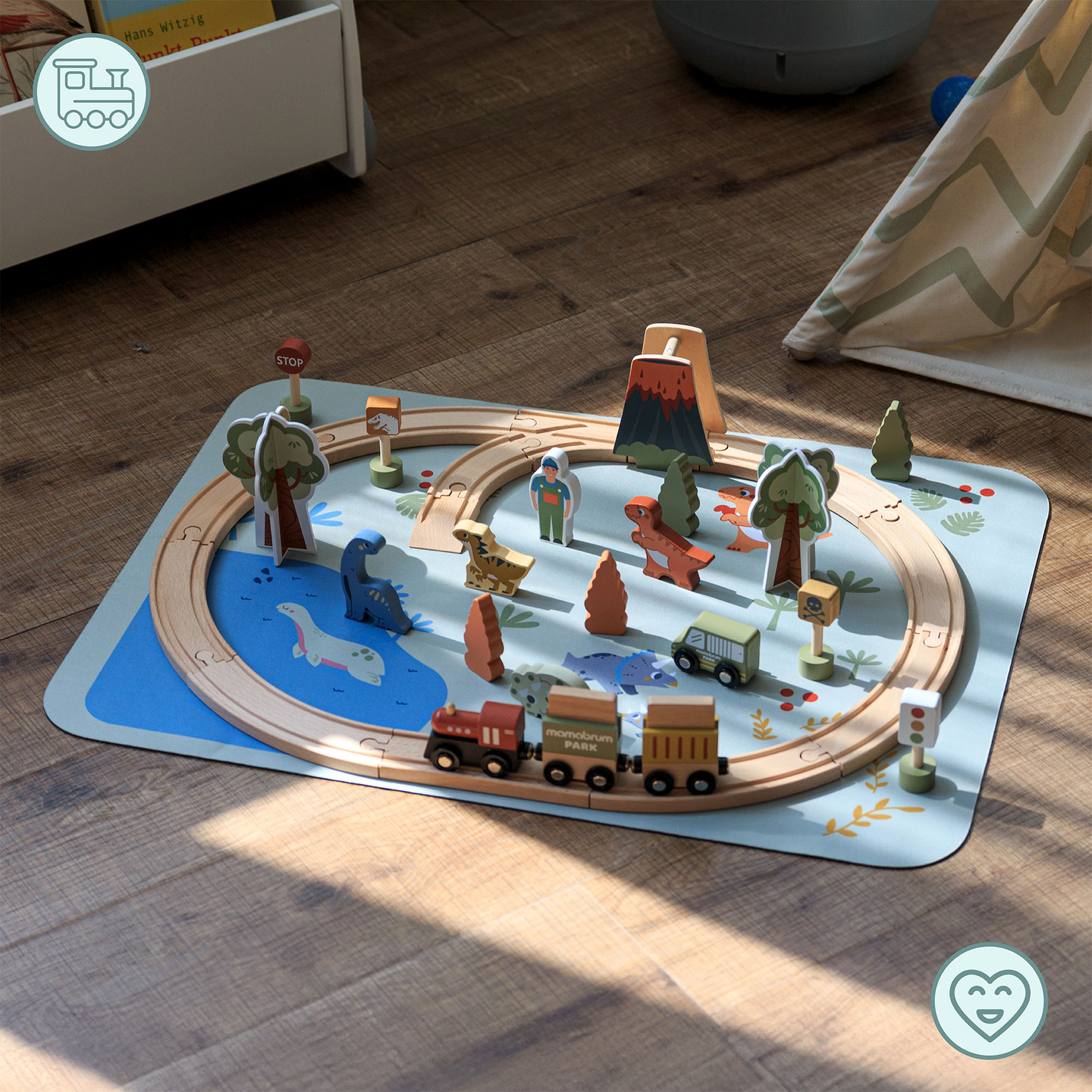 Dino Park koka vilcieniņš ar neslīdošu paklāju - dinozauri, vilcieniņš, sliedes, vulkāns, zvaniņš