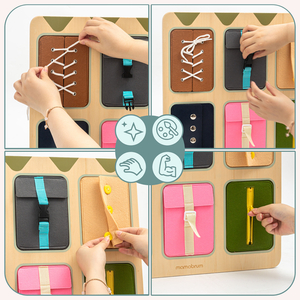 Koka Montessori manipulatīvais dēlis – Sensorā neatkarības apguve - šņores, sprādzes, pogas, spiedpogas, rāvējslēdzējs