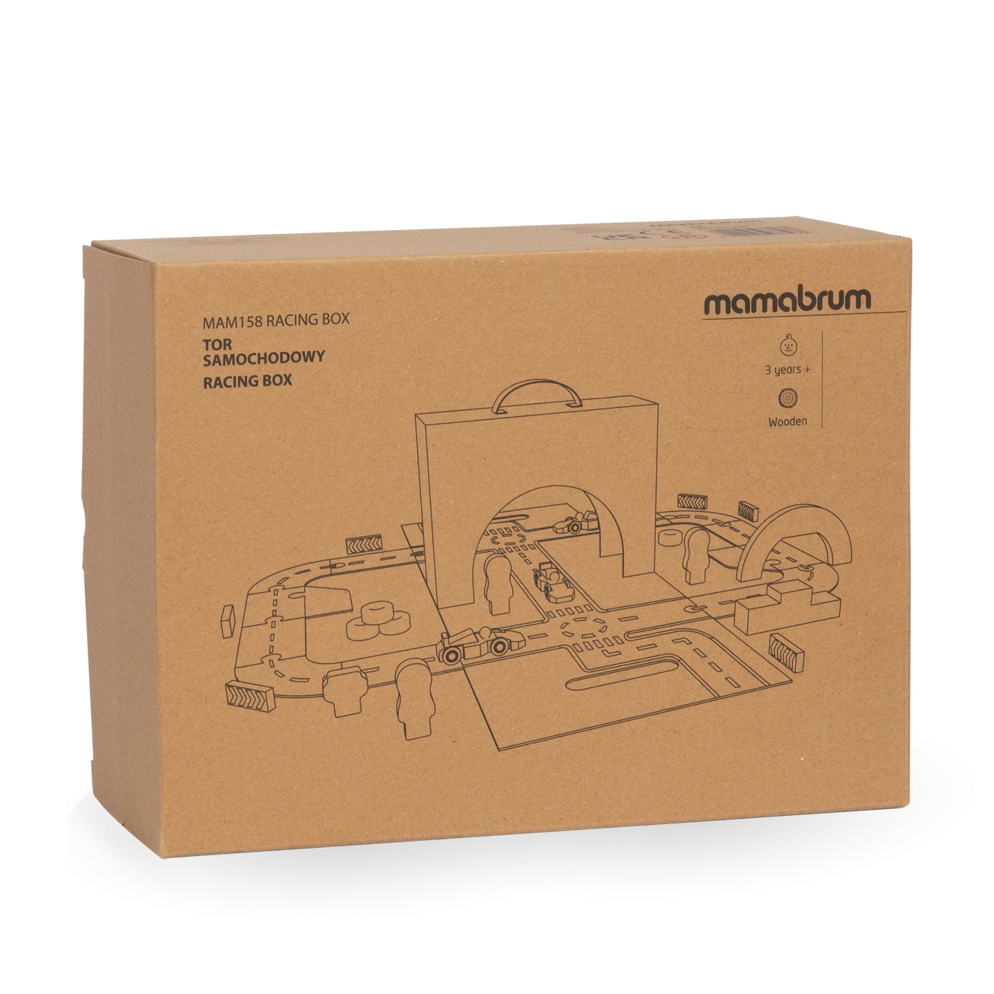 Magnētisks čemodāns ar sacīkšu trasi, koka transportlīdzekļiem un ceļa piederumiem