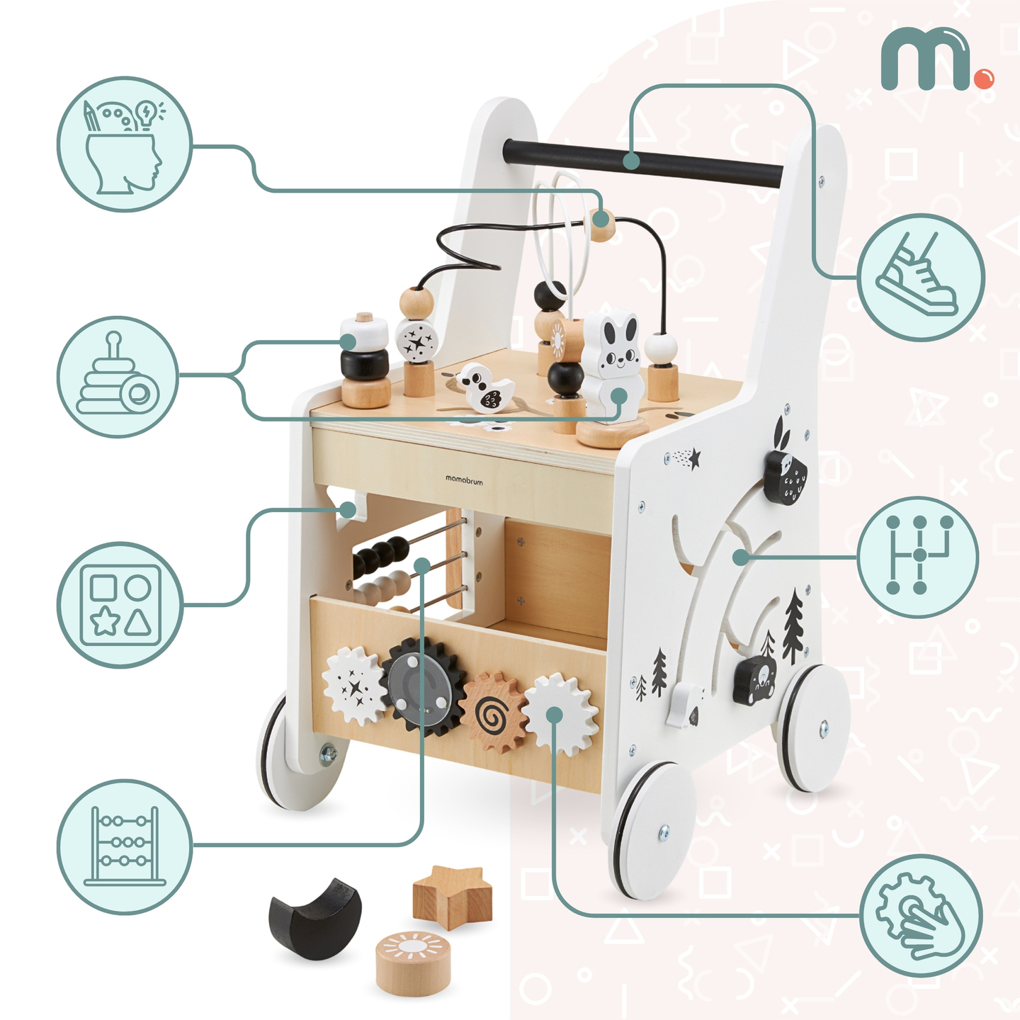 6in1 koka bērnu ratiņi, staigulītis ar mācību galda funkciju