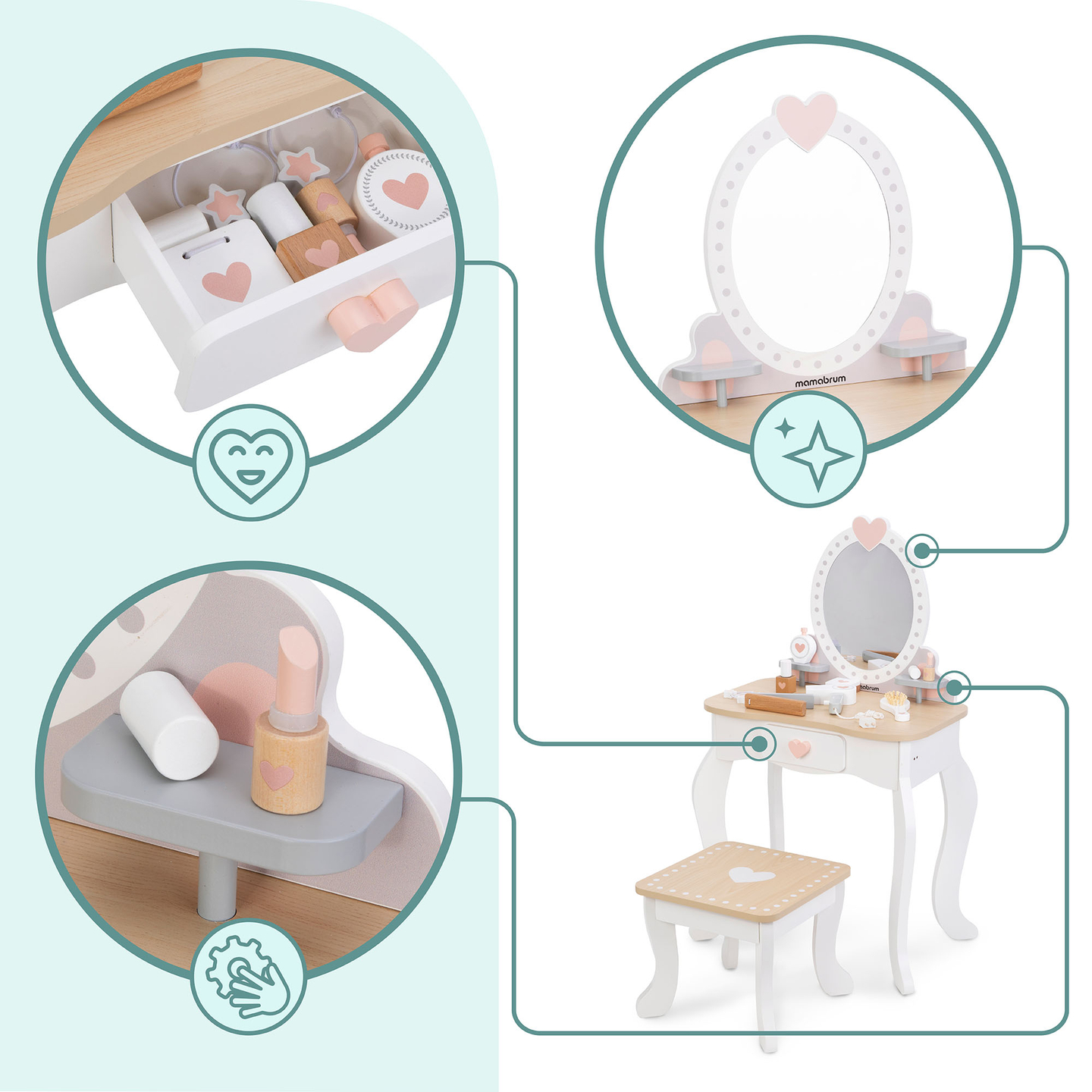 Koka tualetes galdiņš ar tabureti un piederumiem