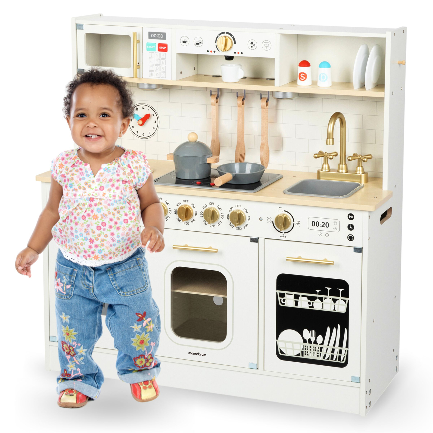 Interaktīvā XXL koka virtuve ar piederumiem un LED apgaismojumu - divlīmeņu