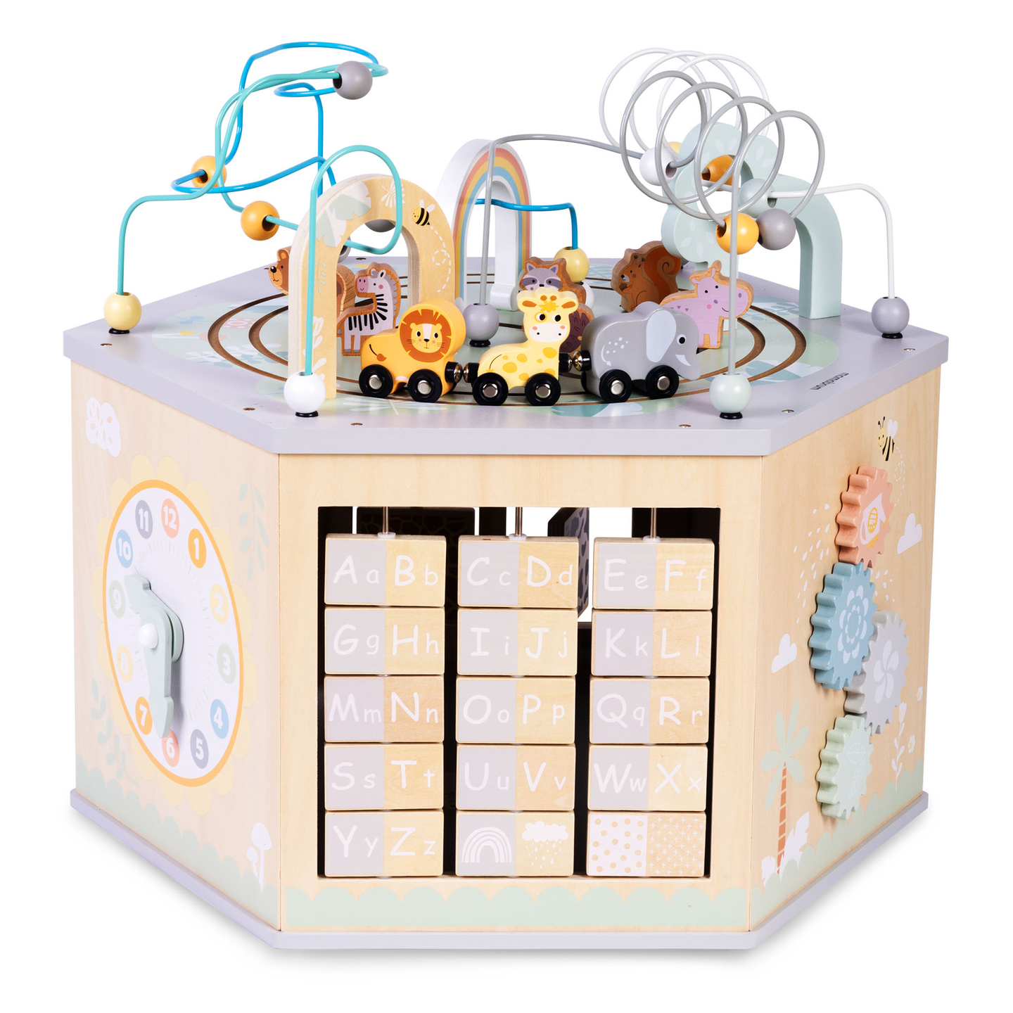Liels koka izglītojošs kubs - Montessori rotaļlieta ar magnētisku vilcieniņu un motora cilpām