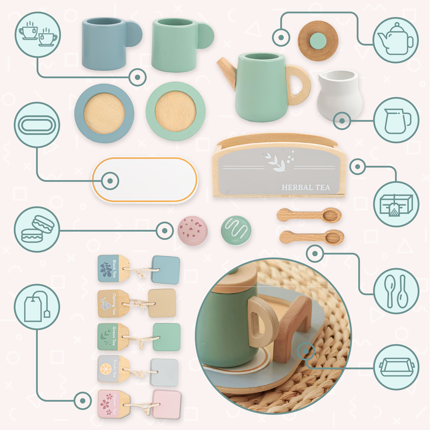 Liels koka tējas piederumu komplekts ar paplāti - 18 gab