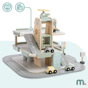 Koka trīsstāvu garāža bērniem ar aksesuāriem – autostāvvieta, degvielas uzpildes stacija, automazgātava, helikopters