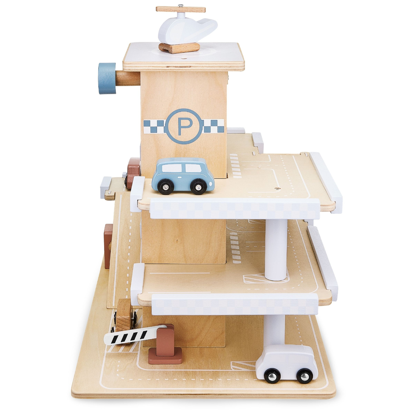 Koka trīsstāvu autostāvvieta ar liftu - garāža ar automašīnām un helikopteru