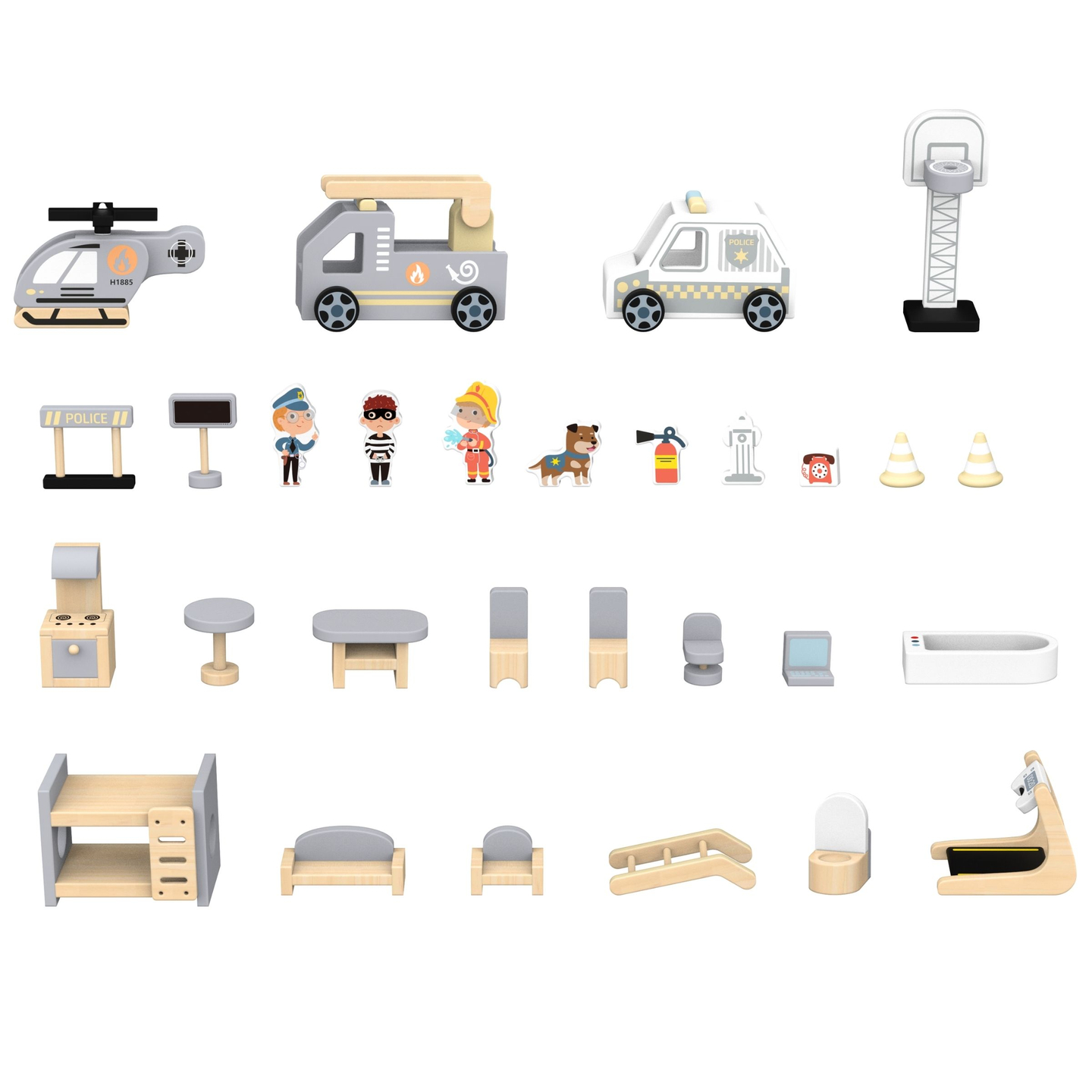 Liels saliekams ugunsdzēsēju depo ar policijas iecirkni - koka komplekts. Ugunsdzēsēju un policijas iecirknis ar piederumiem.