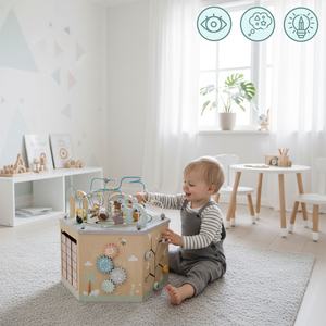 Liels koka izglītojošs kubs - Montessori rotaļlieta ar magnētisku vilcieniņu un motora cilpām