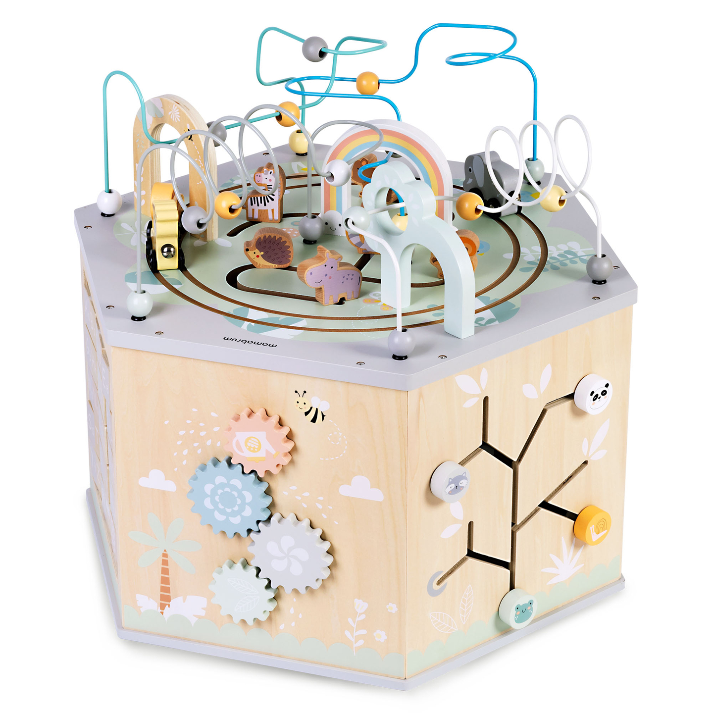 Liels koka izglītojošs kubs - Montessori rotaļlieta ar magnētisku vilcieniņu un motora cilpām