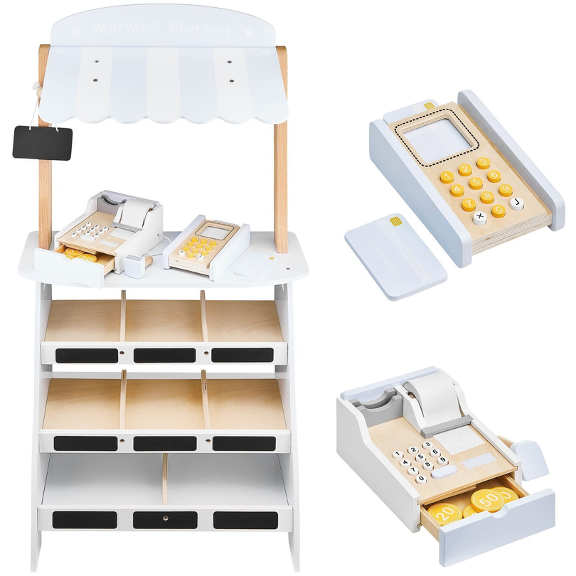 Dārzeņu veikals - koka stends ar kastēm, kases aparātu un terminālu