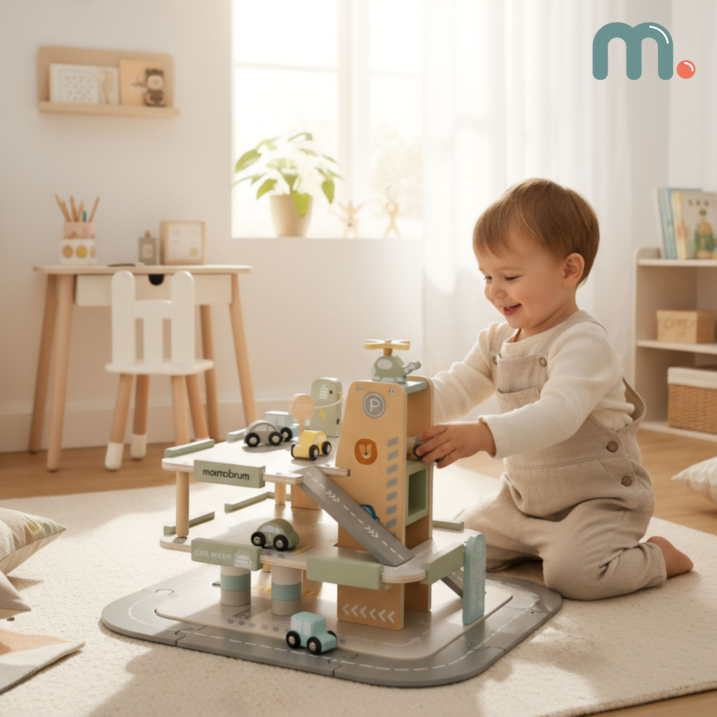 Koka trīsstāvu garāža bērniem ar aksesuāriem – autostāvvieta, degvielas uzpildes stacija, automazgātava, helikopters