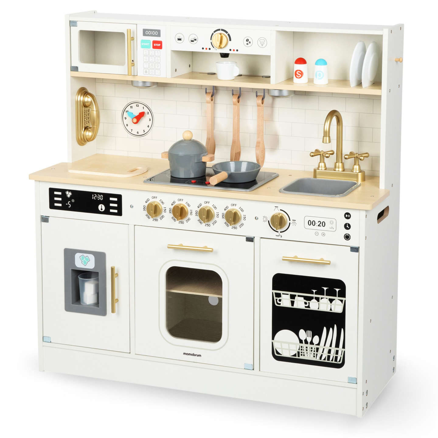 Interaktīvā XXL koka virtuve ar piederumiem un LED apgaismojumu - divlīmeņu