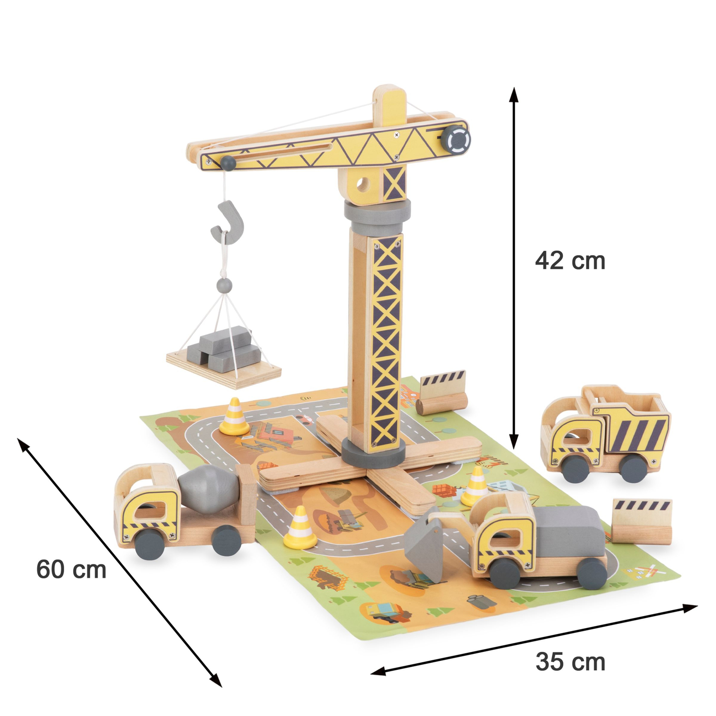 Koka būvlaukums ar lielu mobilo celtni un transportlīdzekļiem, torņa celtnis