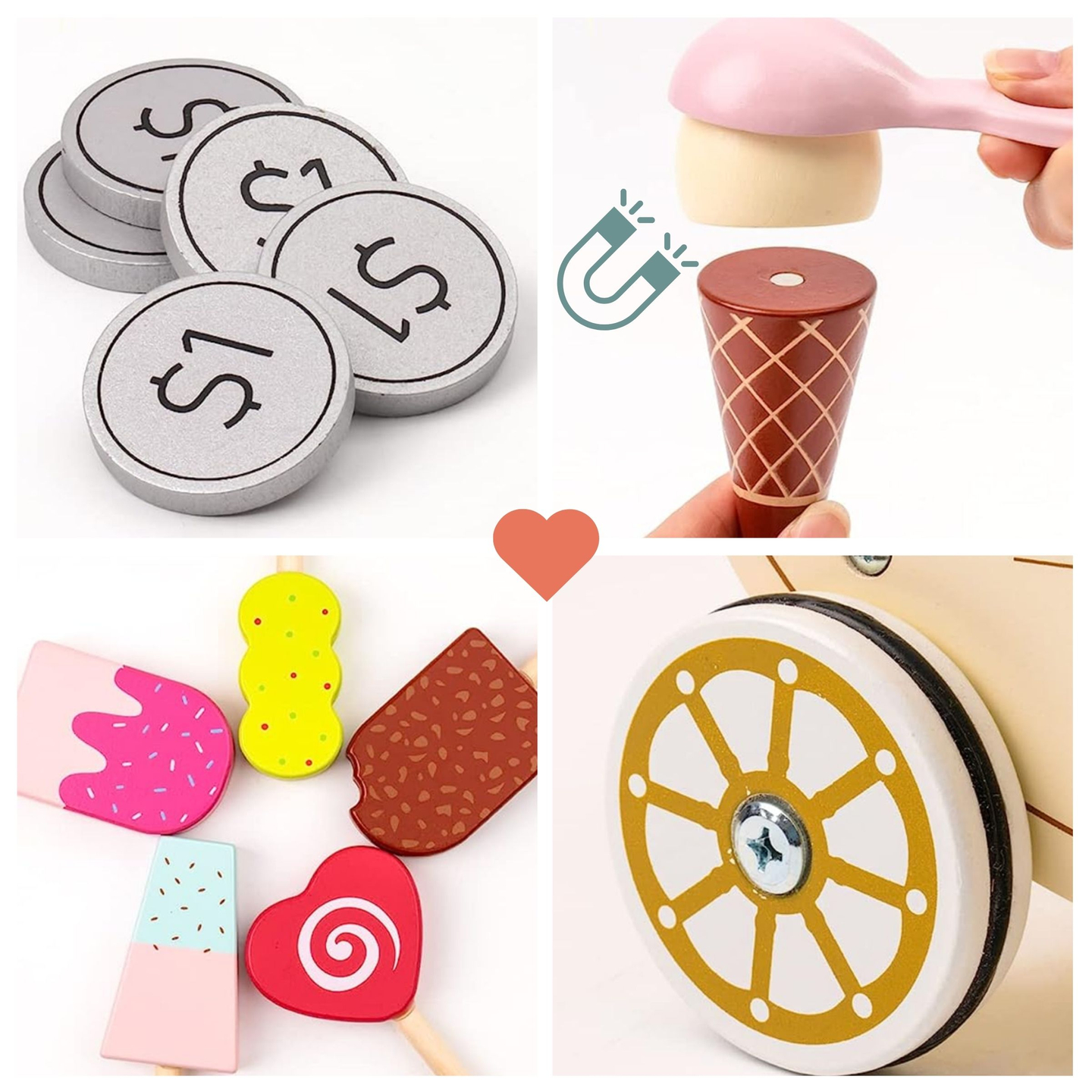 Koka saldējuma salons bērniem - ratiņi uz riteņiem ar piederumiem