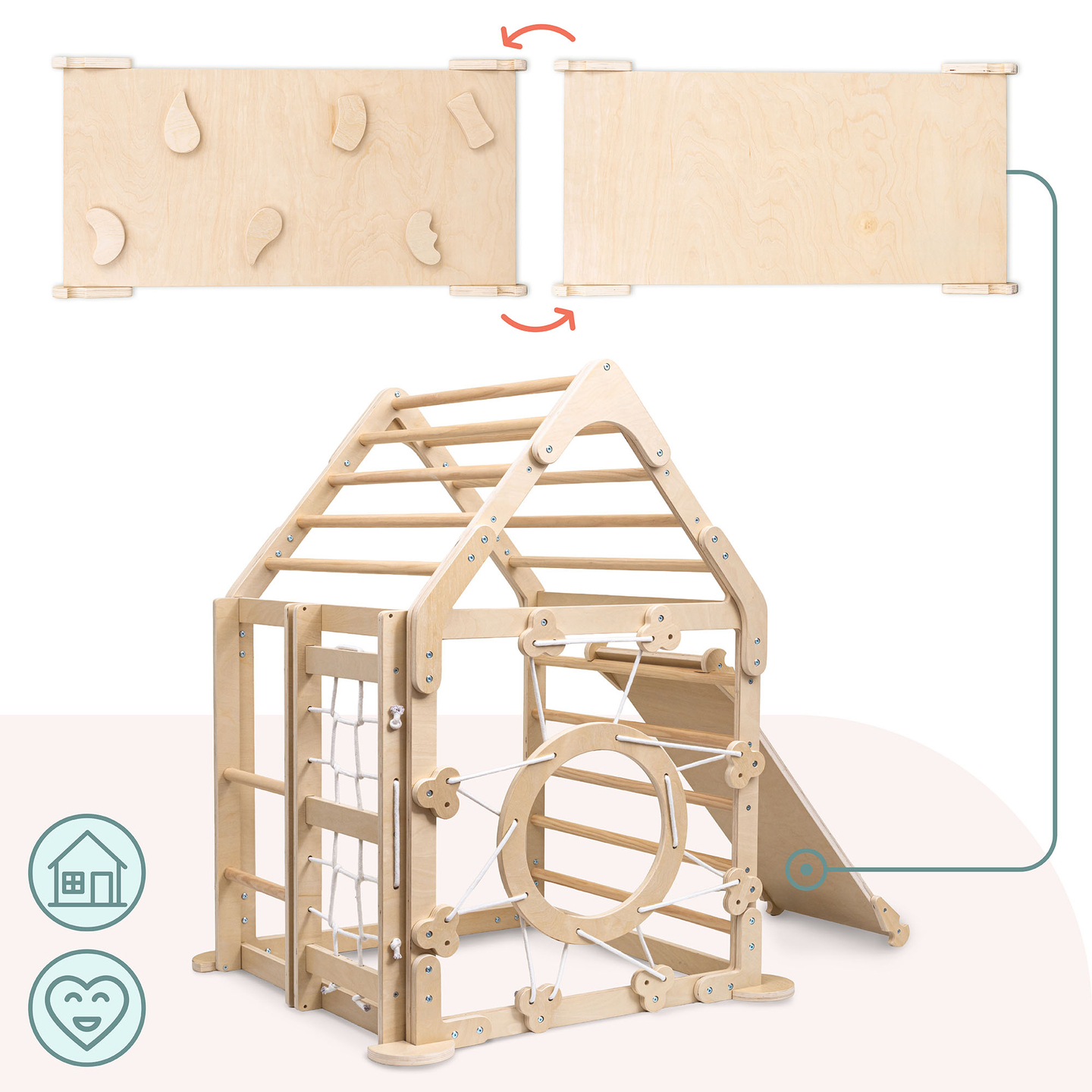 Koka iekštelpu rotaļu laukums bērniem - mājiņa ar kāpnēm un slidkalniņu