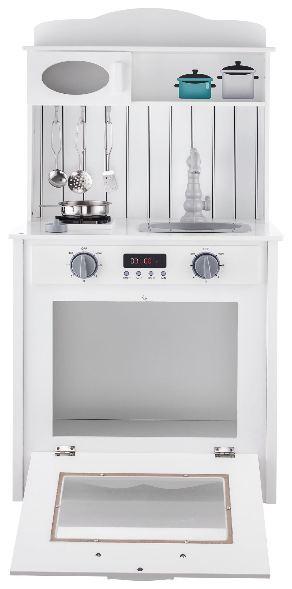 Balta koka virtuve ar priekšautu, piederumiem un LED lampu