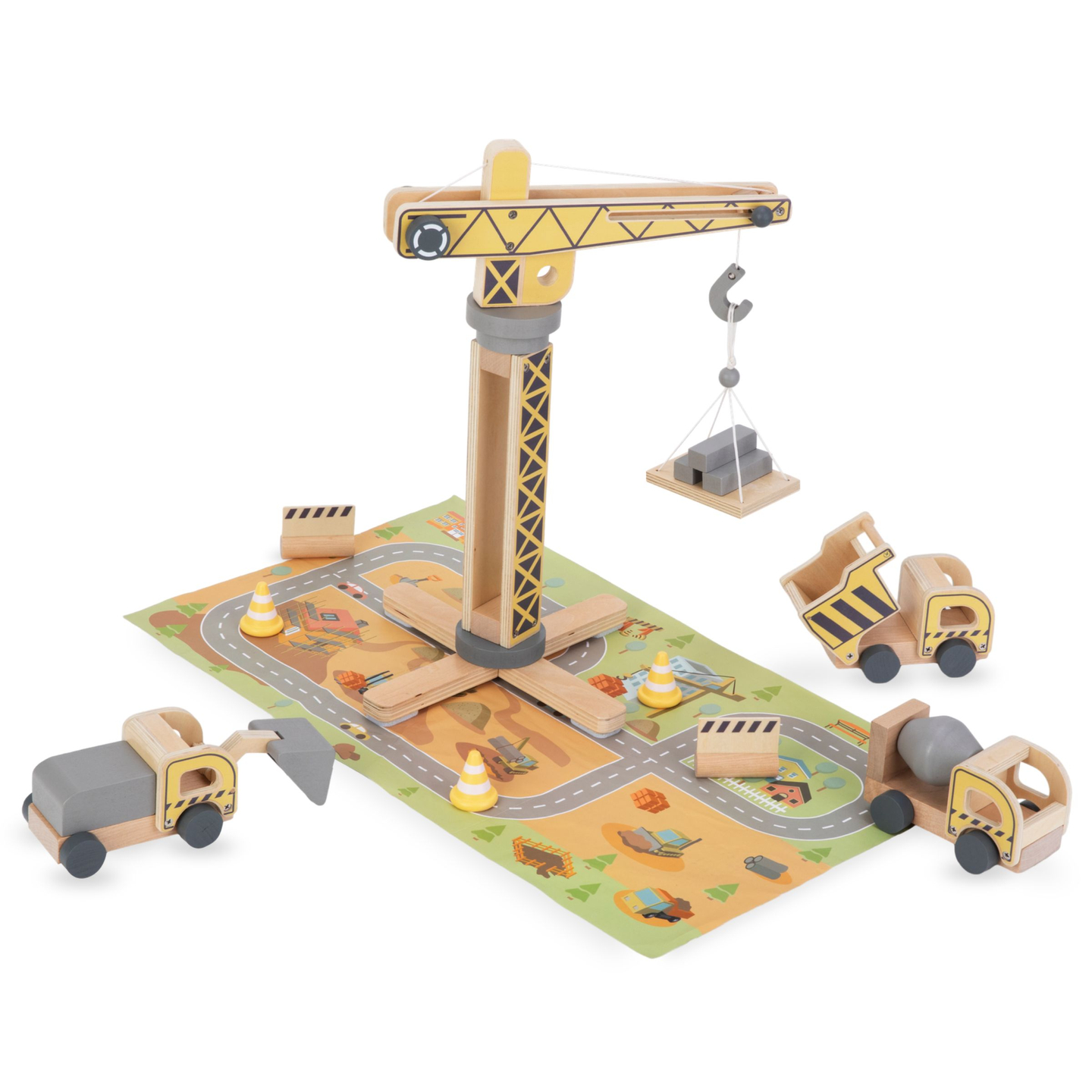 Koka būvlaukums ar lielu mobilo celtni un transportlīdzekļiem, torņa celtnis