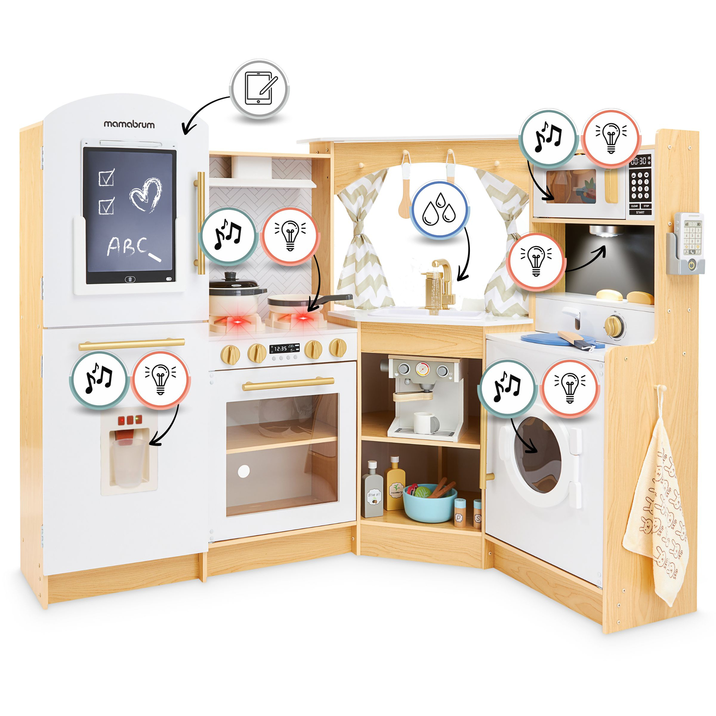 XXXXL liela koka interaktīvā virtuve ar LED apgaismojumu, veļas mašīnu, mikroviļņu krāsns kafijas automātu un augļu un dārzeņu komplektu - 50 elementi