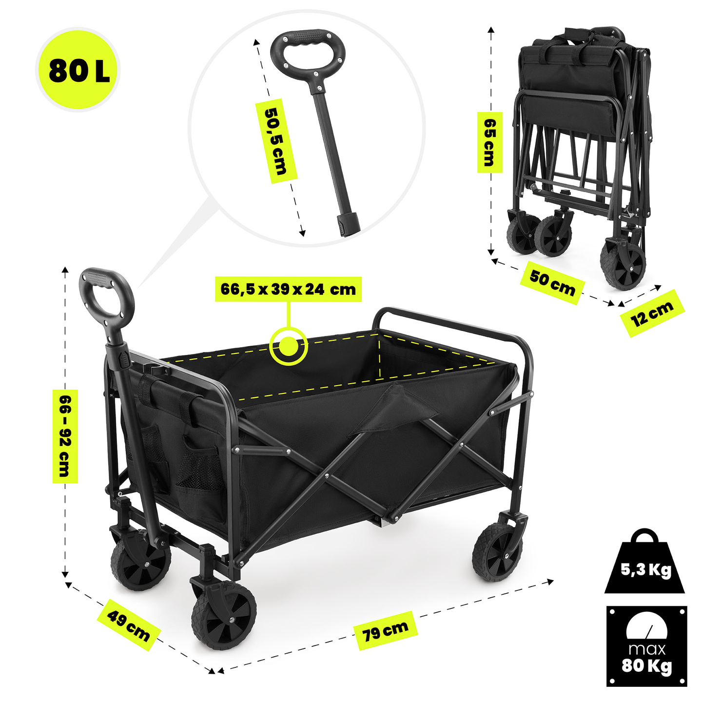 HyperMotion saliekamais pludmales ratiņkrēsls - melns, 80 kg