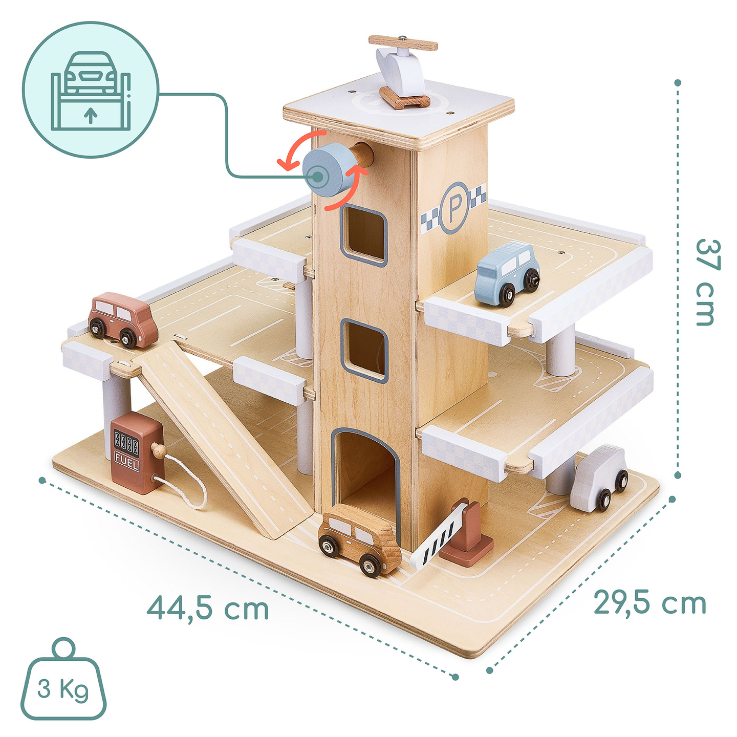 Koka trīsstāvu autostāvvieta ar liftu - garāža ar automašīnām un helikopteru