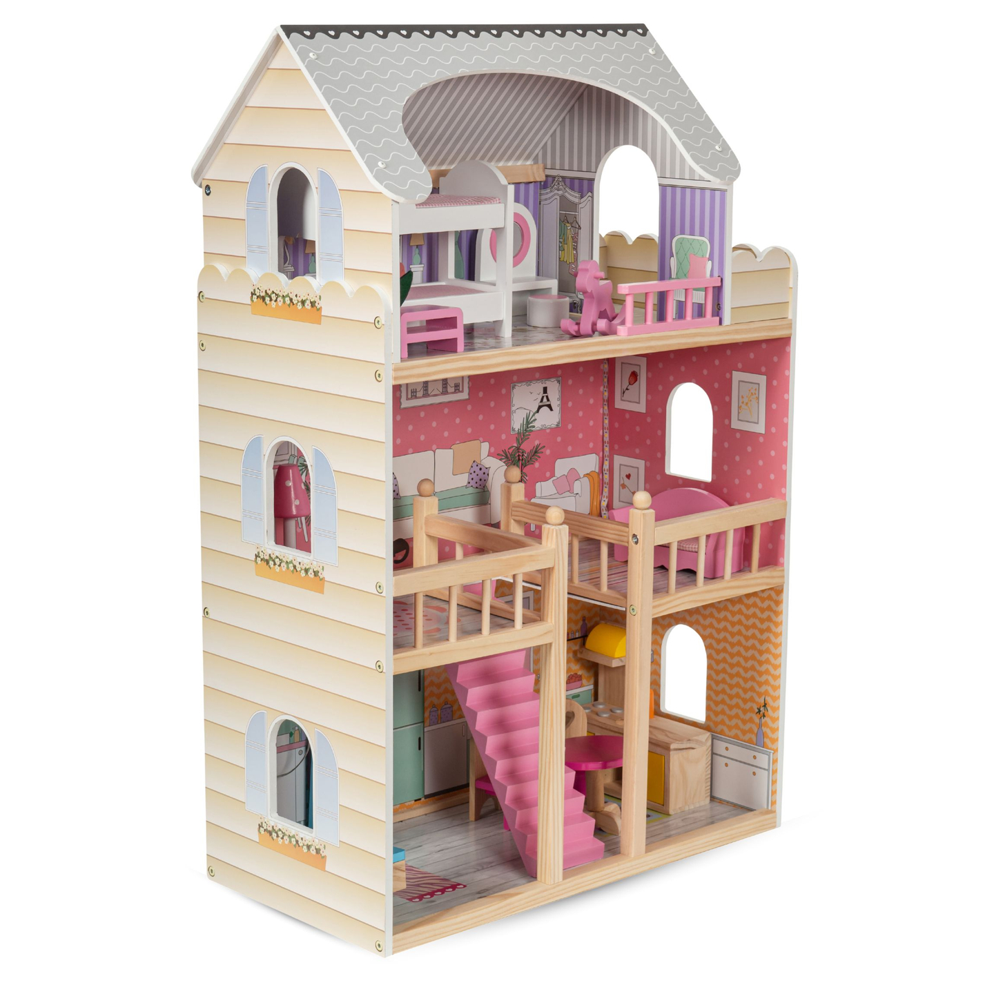 Liela koka trīsstāvu leļļu māja ar terasi, mēbeļu komplektu un LED apgaismojumu!