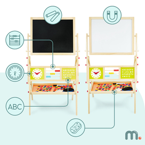 Liela izglītojoša divpusēja tāfele: magnētiskā un krīta tāfele - sausā izdzēšamā tāfele, koka