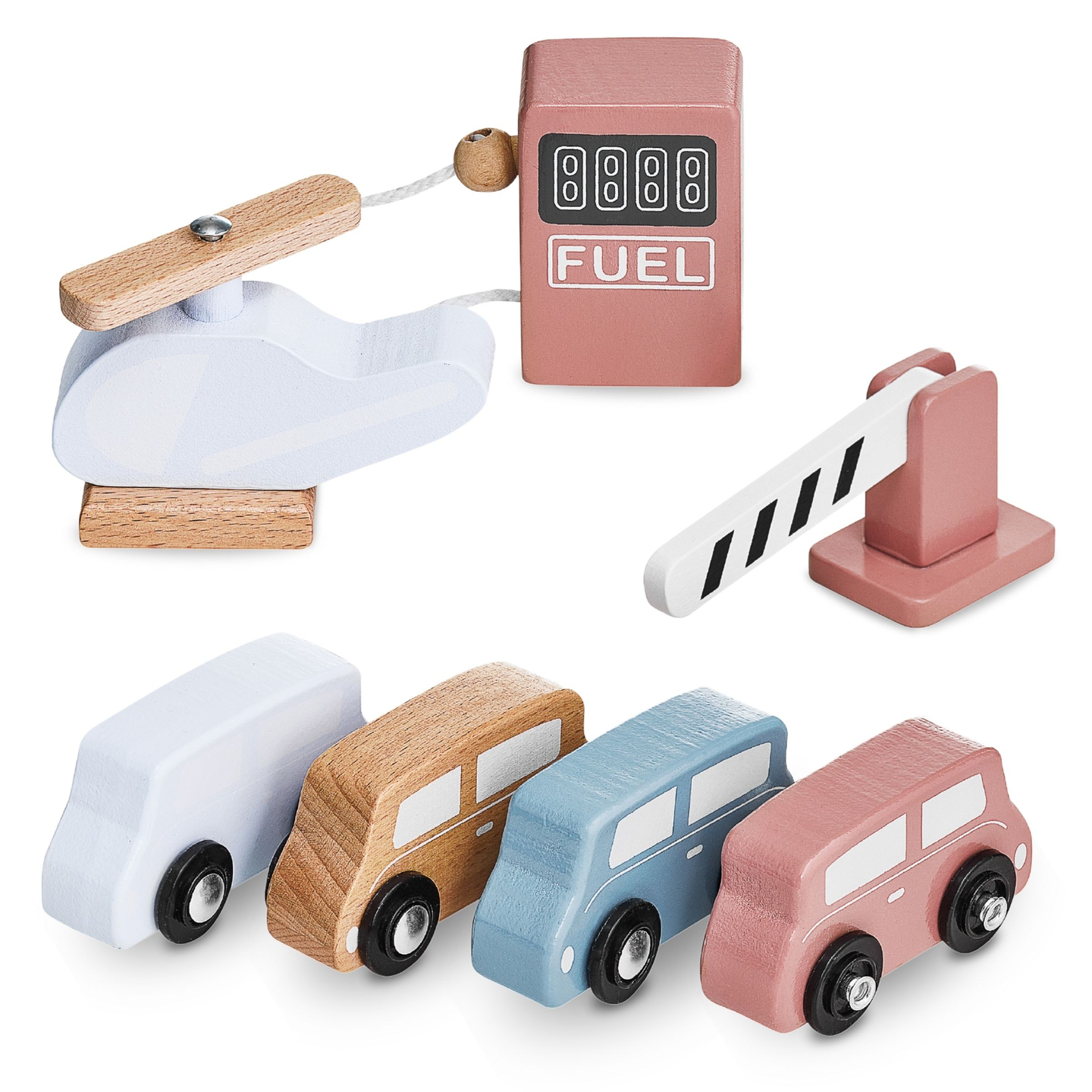 Koka trīsstāvu autostāvvieta ar liftu - garāža ar automašīnām un helikopteru