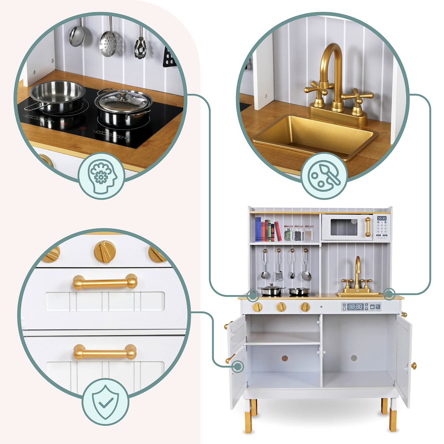 Koka balta virtuve ar piederumiem un priekšautu