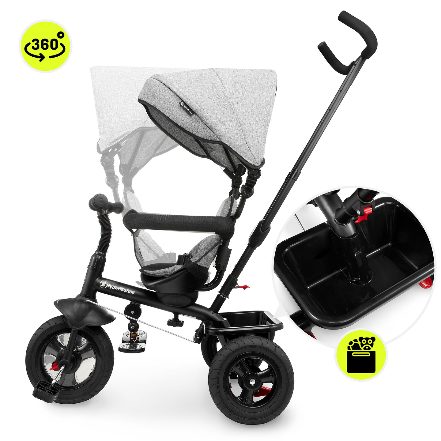 Tricikls bērniem no 1 līdz 4 gadiem - TOBI FREY - pelēka krāsa - grozāms - sūkņa riteņi + stūmējs