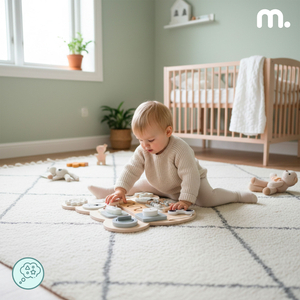 Koka Montessori rotaļu lācīša manipulatīvais dēlis - sensoriska neatkarības apguve: Velcro līplents, aizbāznis, labirints, klikšķoša poga