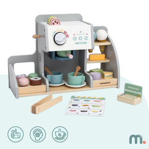 Liels koka saldējuma salons ar magnētisko tāfeli, kafijas automātu un saldējuma un desertu komplektu - vairāk nekā 70 detaļu!