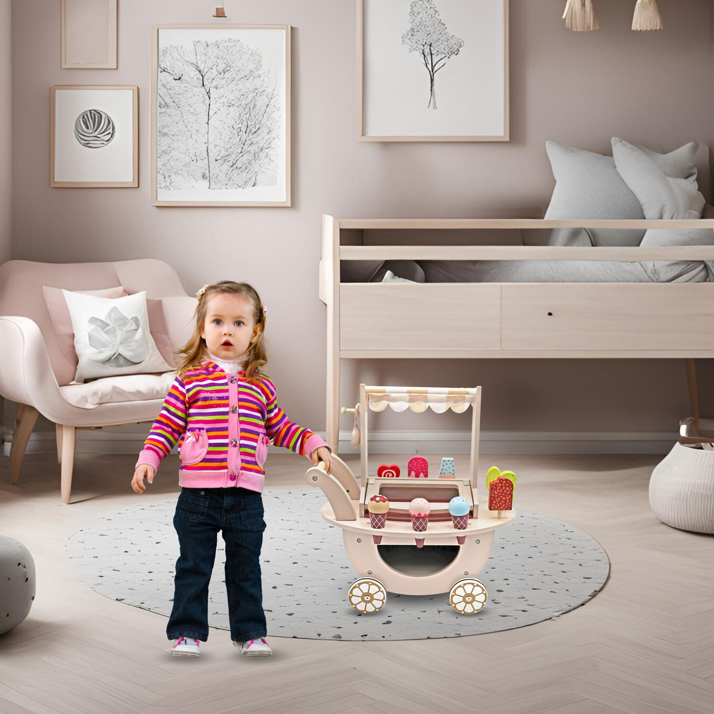 Koka saldējuma salons bērniem - ratiņi uz riteņiem ar piederumiem