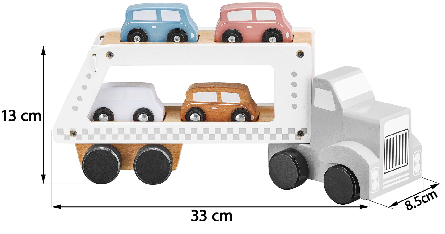 Koka kravas automašīna-piekabe ar 4 automašīnām