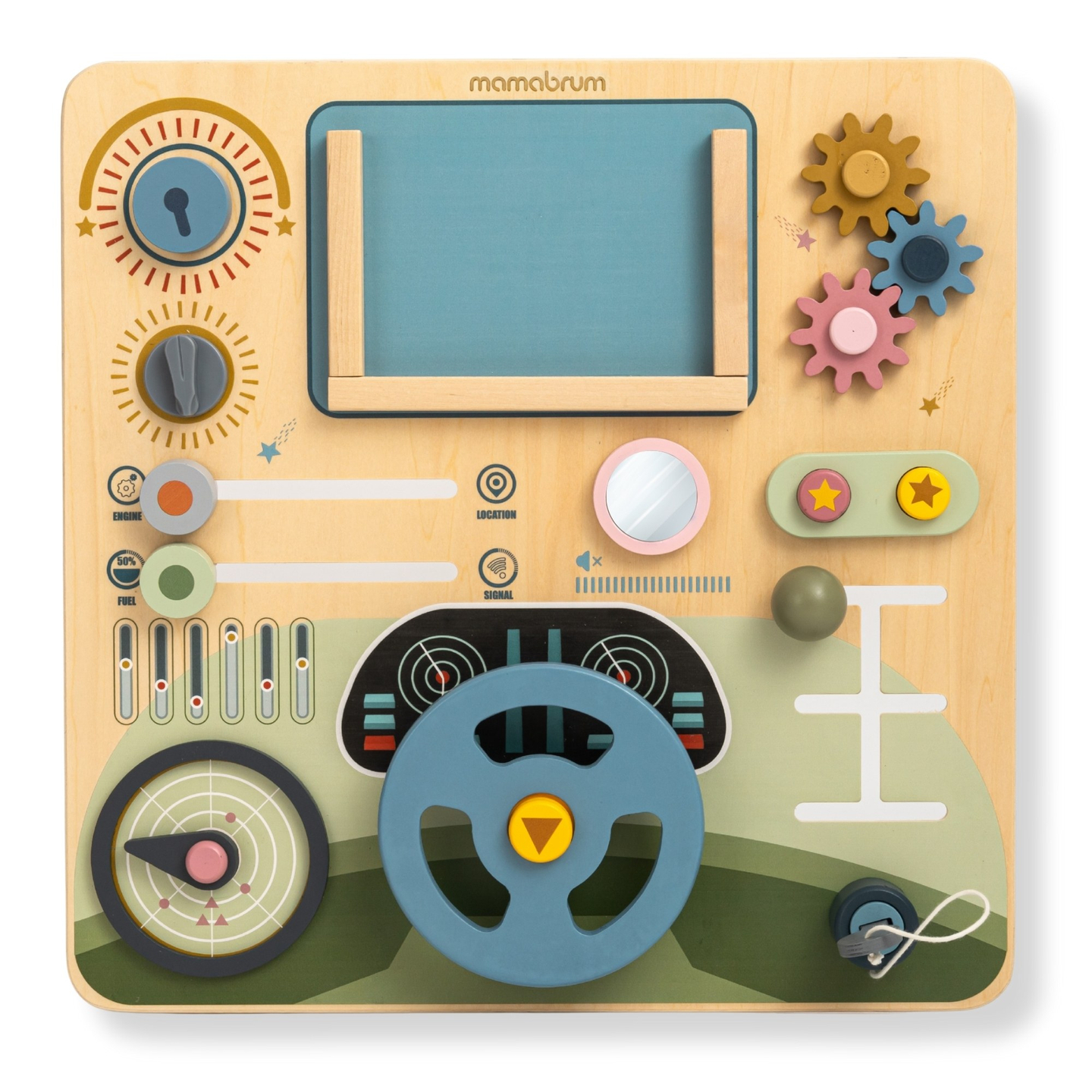 Koka Montessori dēlis 2 vienā kabīne mazajam vadītājam un pilotam – stūre, pārnesumu pārslēgs, ceļojumu kartes, radars