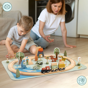 Dino Park koka vilcieniņš ar neslīdošu paklāju - dinozauri, vilcieniņš, sliedes, vulkāns, zvaniņš