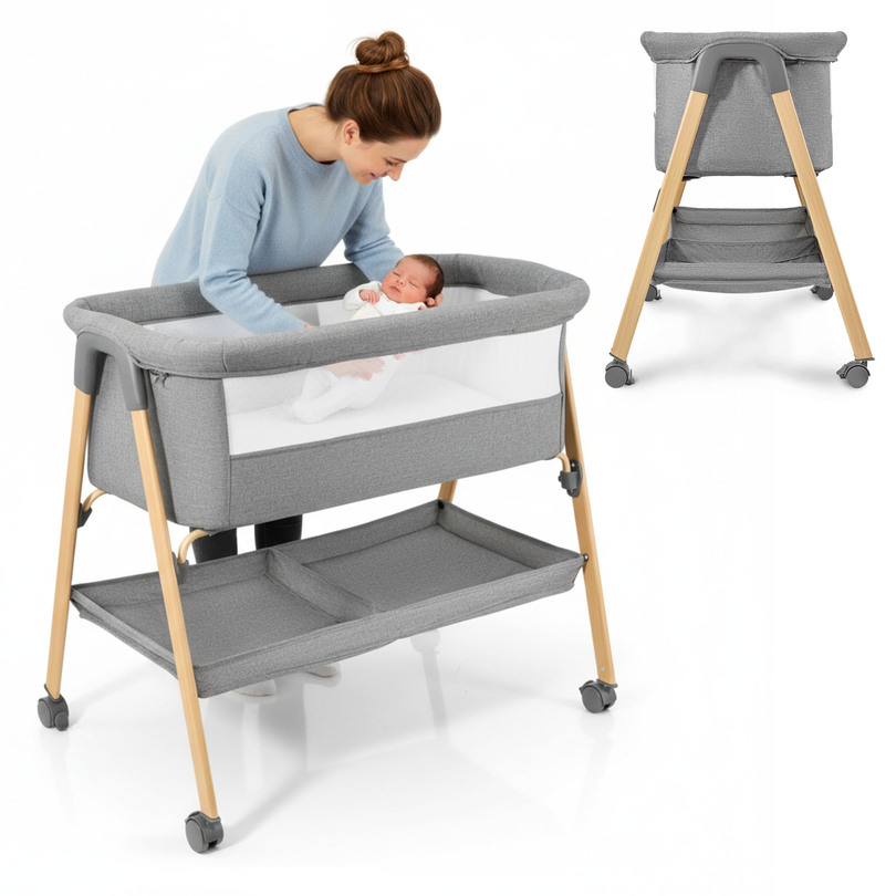 Bērnu gultiņa, brīvi stāvoša, ceļojumu gultiņa, šūpulītis ar matraci - pelēka